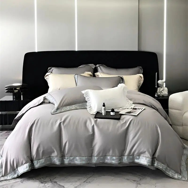 DecorBites™ Gold Embroidery Duvet Set, Black Egyptian Cotton Bedding, 1000TC, Double King Queen