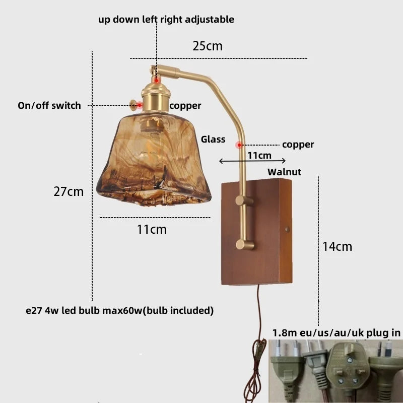 DecorBites™ LED Glass & Wood Wall Lamp with Pull Chain Switch for Living Room, Bedroom, Bathroom