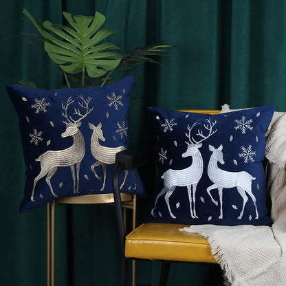 DecorBites™ Christmas Elk Embroidered Cushion Cover | Gold & Silver Stamped Holiday Decor