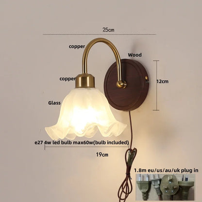 DecorBites™ LED Wall Light Glass Fixture Pull Chain Switch Wood Bedside Sconce