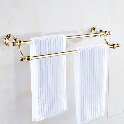 DecorBites™ Brass and Crystal Bathroom Accessories Set: Shelf, Robe Hook, Paper Holder, Brush Holder