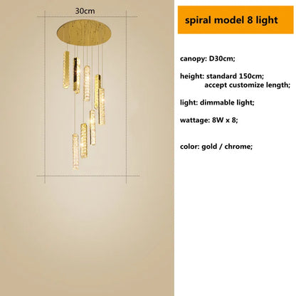 DecorBites™ Gold Chrome Steel Crystal Pendant Lights with Dimmable LED for Villa Stair