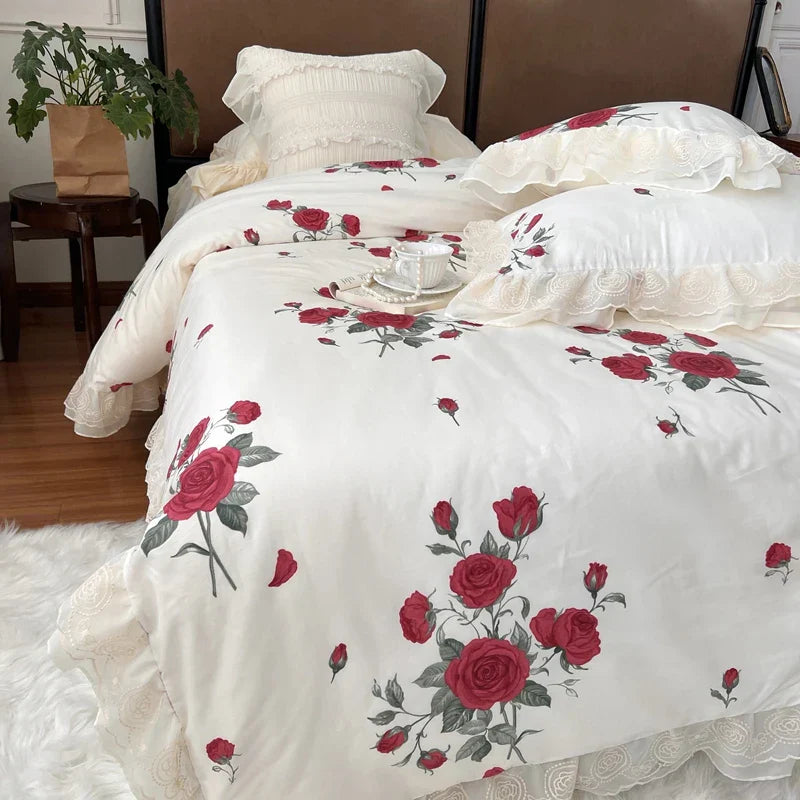 Decobites Vintage French Rose Flowers Double Layer Lace Ruffles Bedding Set