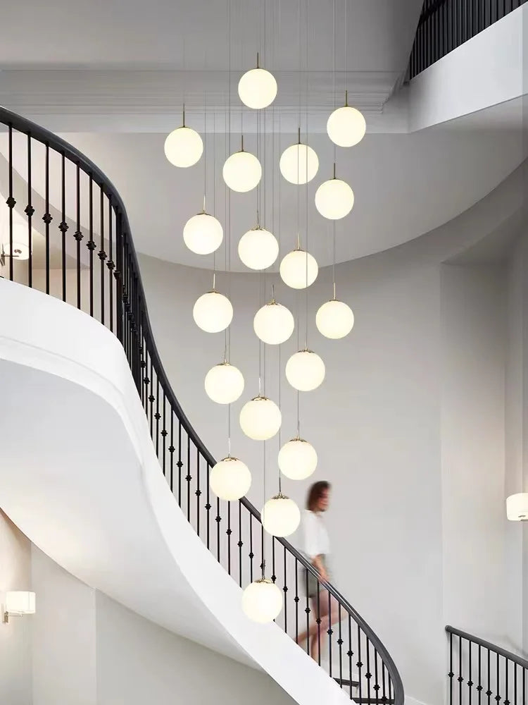 Stair long chandelier light luxury living room loft high duplex building hollow Nordic minimalist glass spherical LED light