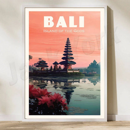 DecorBites™ Bali Surfing Poster - Uluwatu, Canggu, Pererenan Estuary, Borobudur, Komodo, Rice Field Illustration