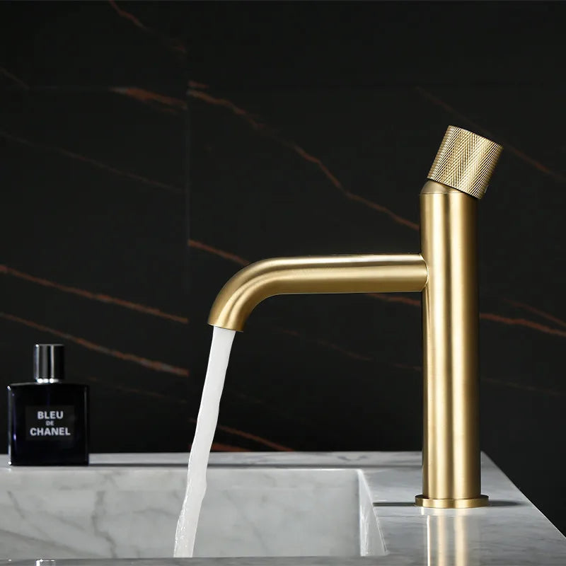 Tuqiu Brushed Gold Bathroom Faucet Solid Brass Bathroom Basin Faucet Hot Water Mixer Sink Tap Deck Mounted Brushed Gold Tap