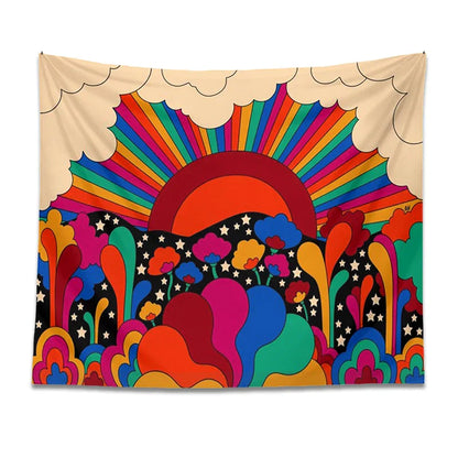 Decobites Retro Floral Sun Rainbow Tapestry Wall Hanging - Psychedelic Vintage Dorm Decor