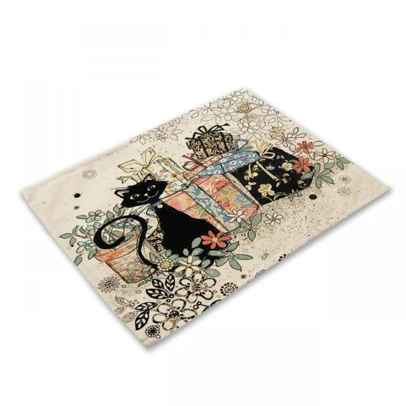 DecorBites™ Black Cat Linen Placemat Set for Dining Table & Kitchen Decor