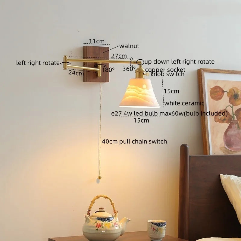 DecorBites™ Ceramic Walnut LED Wall Lights for Modern Bedroom Living Room, Pull Chain Switch