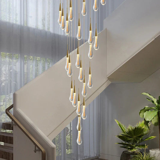 DecorBites™ Crystal Tear Drop Chandelier for Staircase, LED Pendant Light in Gold - Indoor Decor