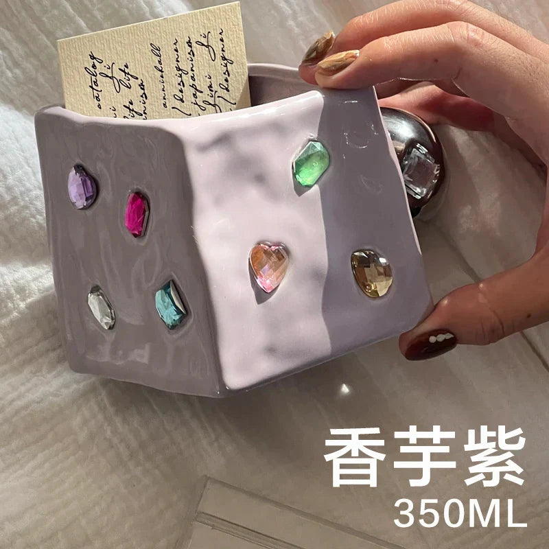 DecorBites™ Diamond Ceramic Square Americana Coffee Mug Set - Handcrafted Jewelry Inspired Drinkware