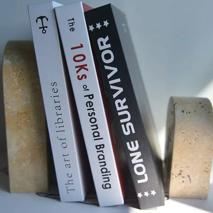DecorBites™ Beige Travertine Stone Bookends - Luxury Vintage Book Holder Decor