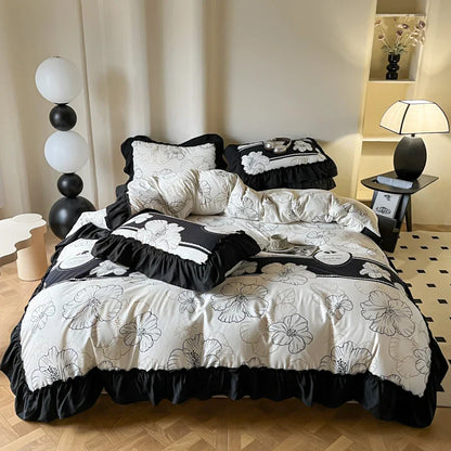 Decobites French Vintage Black Ruffles Duvet Cover Set with Pillowcases, Nordic Luxury Flowers Plant Bedding Set