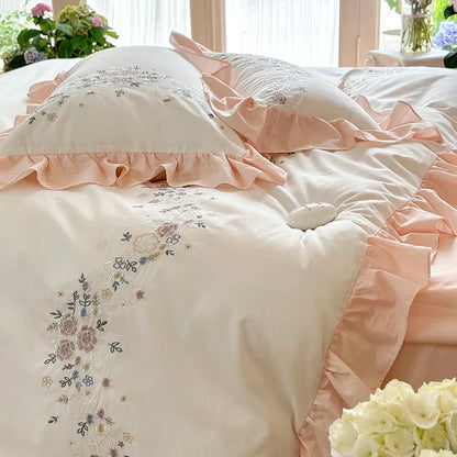 Decobites Korean Princess Lace Ruffles Flowers Embroidery Bedding Set with 100% Cotton Quality.