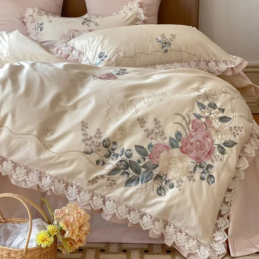 Juego de cama DecorBites™ French Princess de 1000 hilos de algodón con bordado de flores y volantes