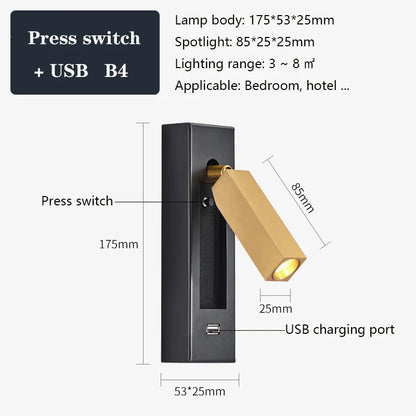 DecorBites™ Black Brass Wall Sconce with USB Port and Switch, 3W Spotlight for Bedroom