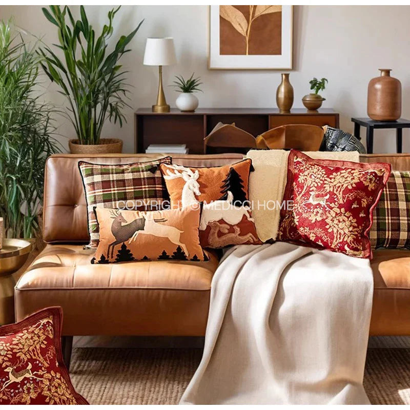 DecorBites™ Handmade Reindeer Applique Embroidery Christmas Cushion Cover - Festive Xmas Holiday Decor