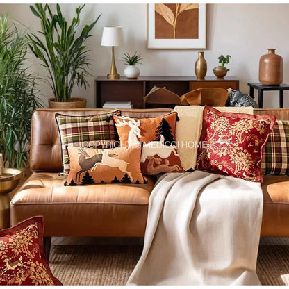 DecorBites™ Handmade Reindeer Applique Embroidery Christmas Cushion Cover - Festive Xmas Holiday Decor