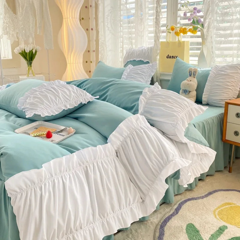 DecorBites™ Lace Trim Bedding Set Queen/King Size Comforter Sets Solid Color Bed Skirt