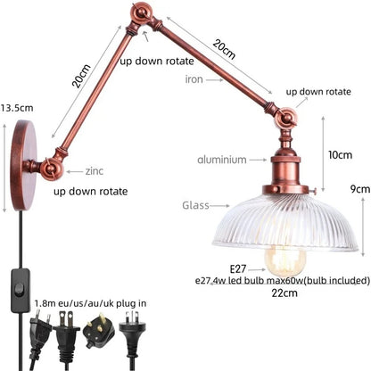 DecorBites™ مصباح حائط LED بذراع دوارة زجاجي قابل للتعديل مع مفتاح سلسلة سحب