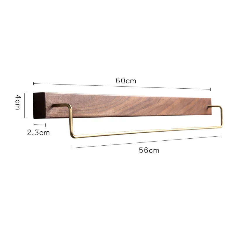 DecorBites™ Black Walnut Wood Towel Rack with Brass Accents