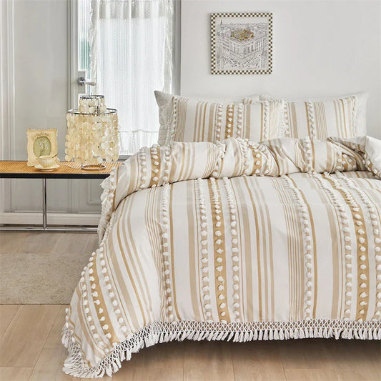 Decobites Boho Stripe Furball Duvet Set: High-Quality King Size Bedding with Tassels