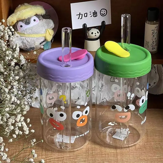 DecorBites™ Kawaii Glasses with Lid and Straw Bubble Tea Cup - 550ml Cute Drinkware