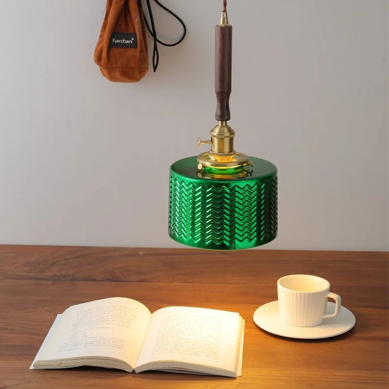 DecorBites™ Green Glass LED Pendent Lamps, Walnut Copper Modern Hanging Light Fixtures