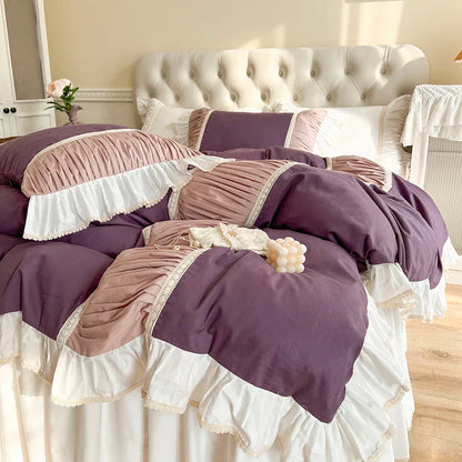 Decobites Korean Princess Style Cotton Bedding Set with Pleated Ruffles and Soft Quilt Cover