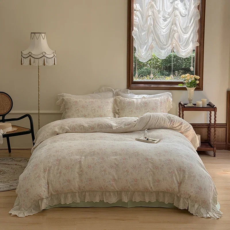 Decobites Elegant Floral Lace Ruffles Bedding Set with Double Yarn - Soft Cotton Blend