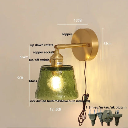 DecorBites™ Clear Glass LED Wall Lights Brass E27 Pull Chain Switch Bedside Lamp