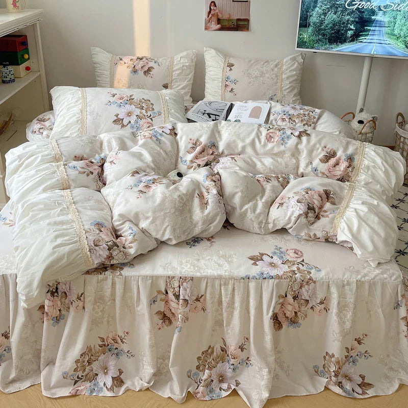 Decobites Korean Princess Flowers Bedding Set - Duvet Cover, Bed Skirt, Pillowcases