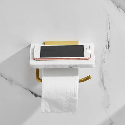 Soporte de pared para papel higiénico DecorBites™ Gold Marble, con caja de pañuelos y estante para baño.