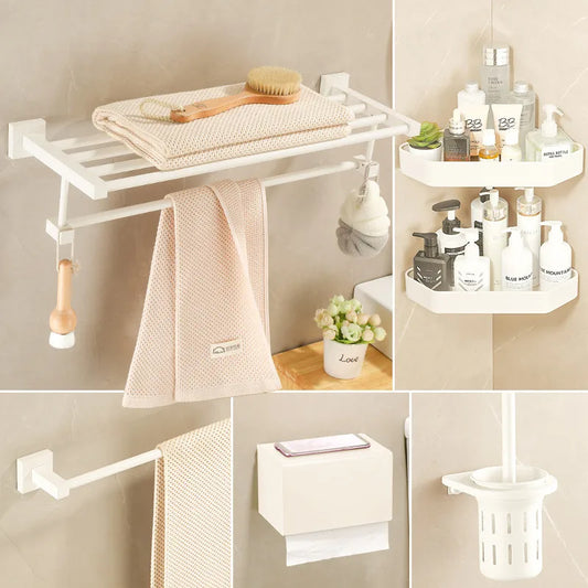 DecorBites™ Bathroom Set: Cream White Shelf, Towel Rack, Paper Holder, Brush Holder & Hardware