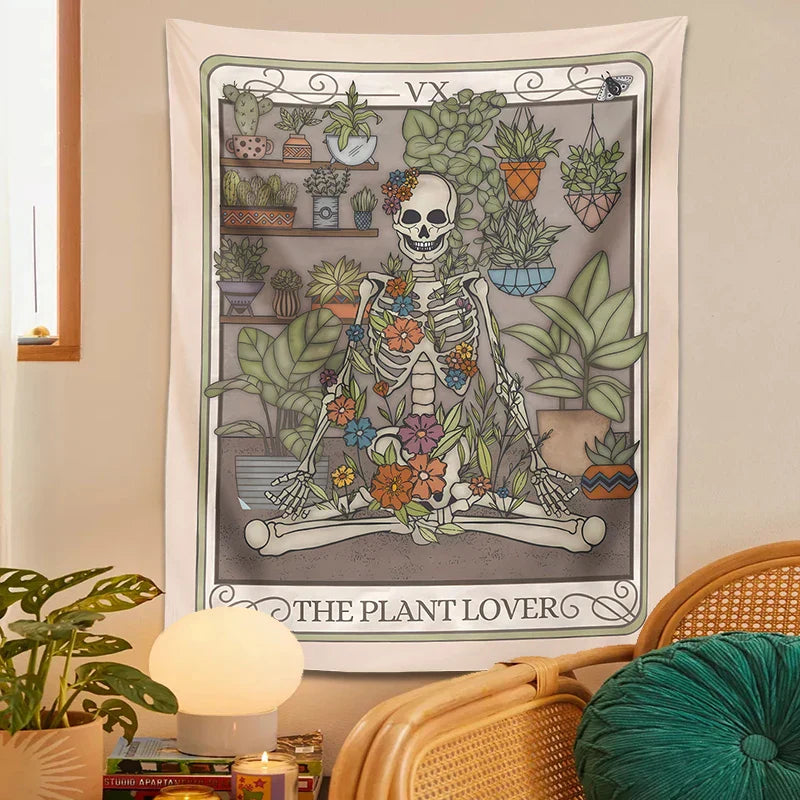 Decobites Plant Lover Tarot Card Tapestry | Botanical Skeleton Witch Wall Hanging