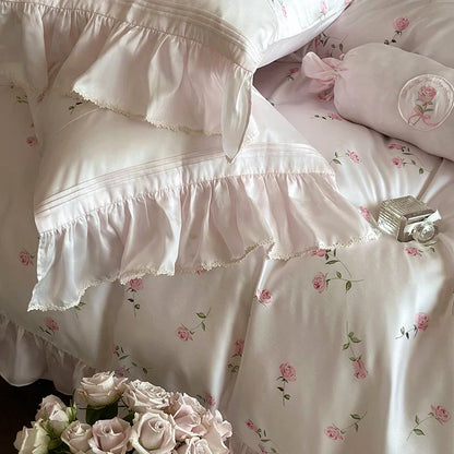 Decobites Vintage Rose Print Lace Ruffles 4-Piece Bedding Set - Egyptian Cotton