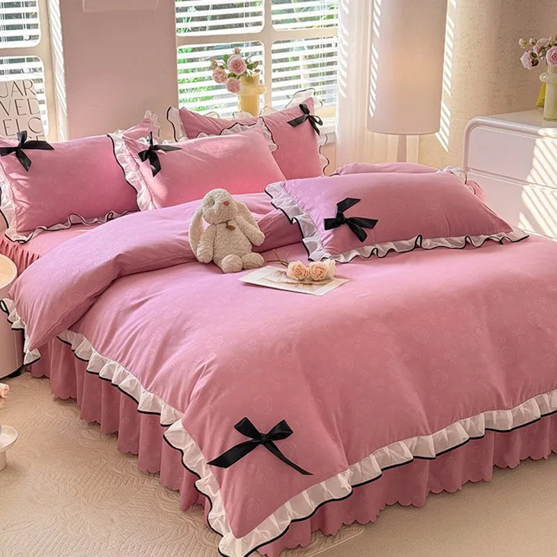DecorBites™ Lace Bow Bed Skirt Bedding Set in Romantic Solid Color for King Queen Double Sizes