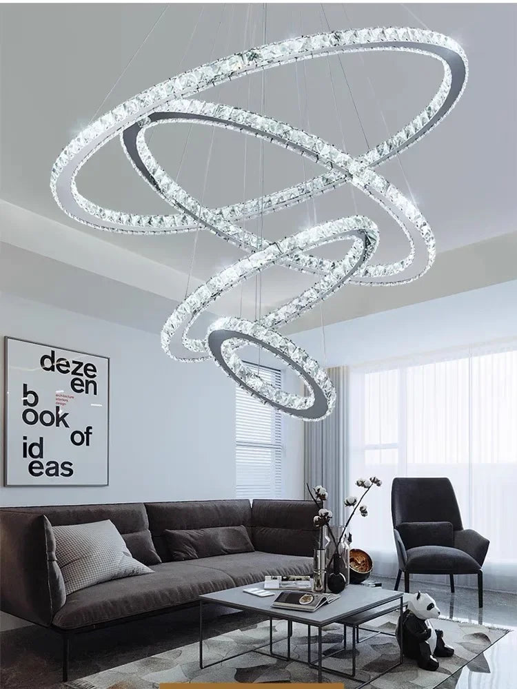 DecorBites™ Crystal LED Chandelier: Modern Chrome Lustre Ring Lighting Fixture for Living Room