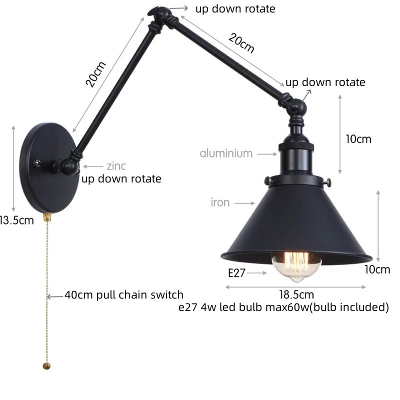 Lámpara de pared LED de hierro Decorbites™ con interruptor de cadena Industrial Vintage para ático y escalera