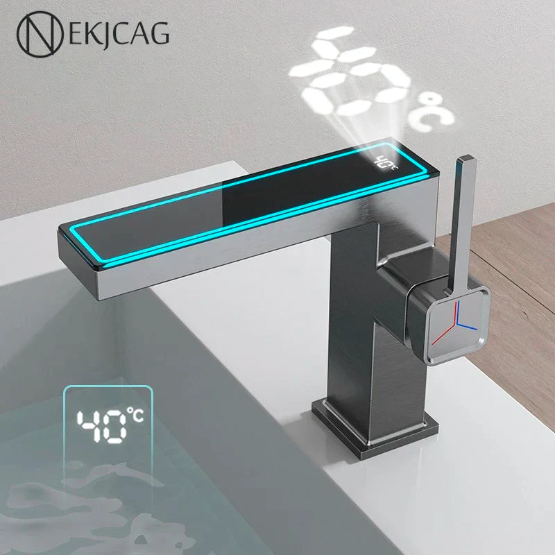 DecorBites™ Gun Grey Digital Display Basin Faucet: Modern Black Bathroom Sink Tap with Temperature Display