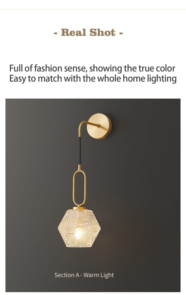 Gold-toned postmodern luxury led wall lamp featuring a hexagonal pendant light with a woven mesh shade and sleek curved arm for bedroom lighting.
