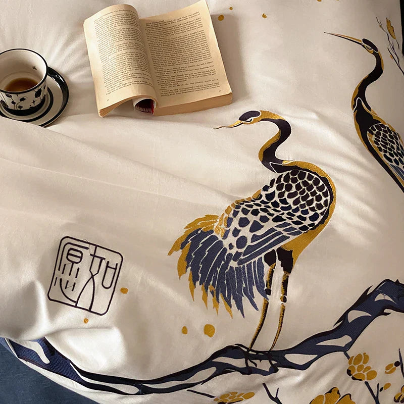 Decobites Red-crowned Crane Embroidery Bedding Set, 40S Washed Cotton, Soft & Skin Friendly