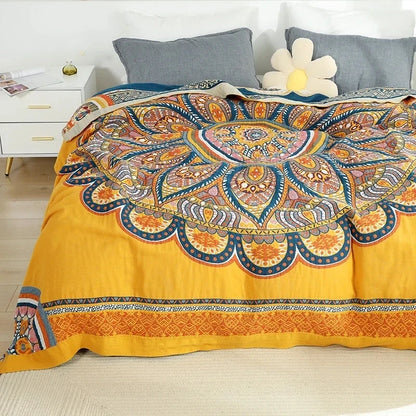 DecorBites™ Boho Mandala Cotton Summer Blanket - Double-Sided Soft Throw for Beds, Sofas