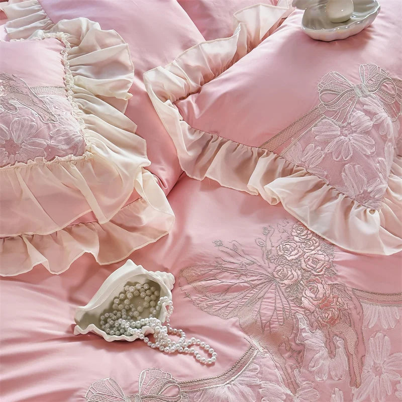 Decobites Pink Butterfly Embroidery Lace Princess Wedding Bedding Set