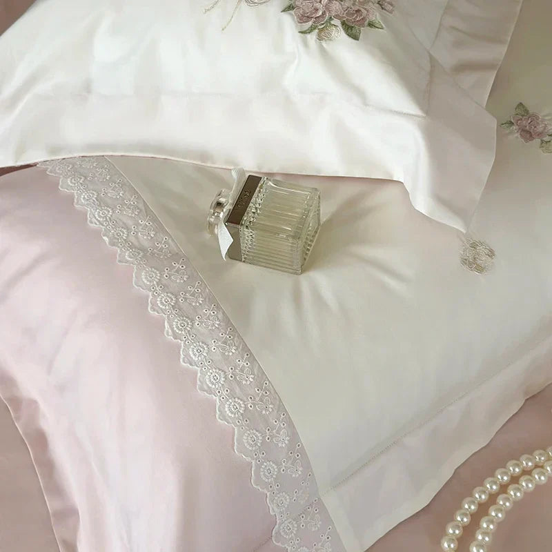 Decobites Flowers Embroidery Lace Princess Bedding Set 1000TC Egyptian Cotton Duvet Cover Set