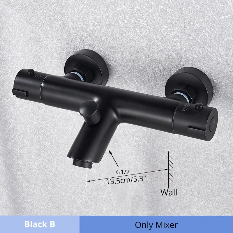 طقم دش ترموستاتي DecorBites™ أسود/كروم مع خلاط مثبت على الحائط من النحاس مع بخاخ