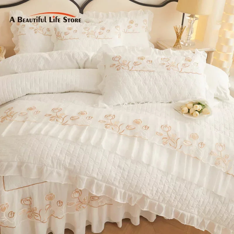 Decobites Quilted Embroidery Bedding Set with Lace Ruffles, Duvet Cover, Bed Skirt - Various Colors