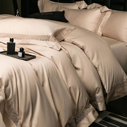 Decobites Luxury Lace Edge Bedding Set: Queen King Duvet Cover, Bed Sheet, Pillowcase