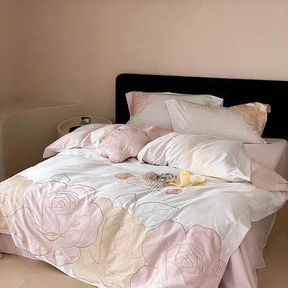 Decobites Luxury Rose Flowers Embroidery Bedding Set 1000TC Egyptian Cotton Duvet Cover Set