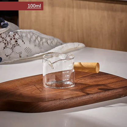DecorBites™ Glass Espresso Measuring Cup with Wood Handle, Transparent Milk Jug